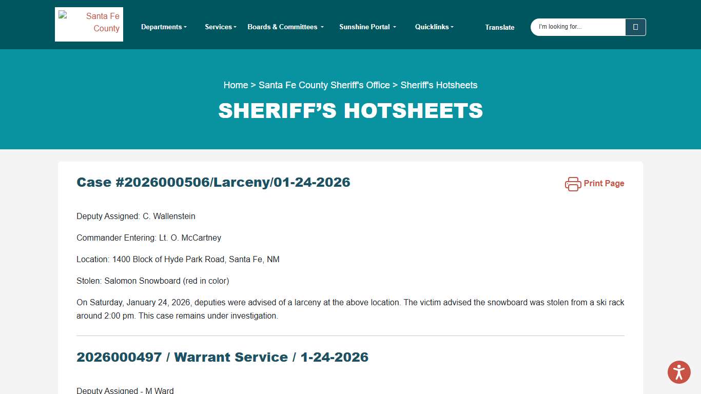Sheriff’s Hotsheets Santa Fe County
