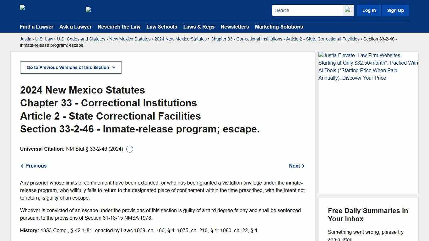 New Mexico Statutes Section 33-2-46 (2024) - Inmate-release program; escape. :: 2024 New Mexico Statutes :: U.S. Codes and Statutes :: U.S. Law :: Justia